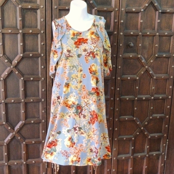 𝅺SIZE medium blue floral dress with flouncy sleeves and partially bareback w/ti - Picture 2 of 5